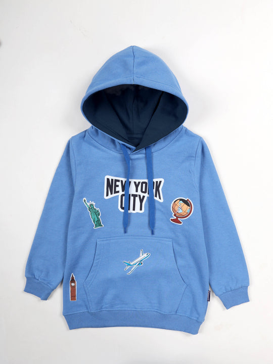 Kiddopanti Boys Cotton Fleece Printed Hooded Pullover Sweatshirt