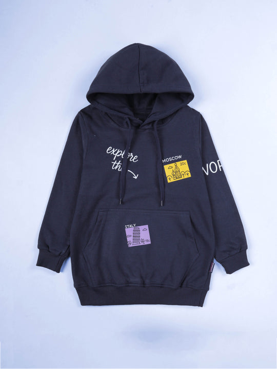 Kiddopanti Boys Printed Full Sleeve Hooded Fleece Sweatshirt