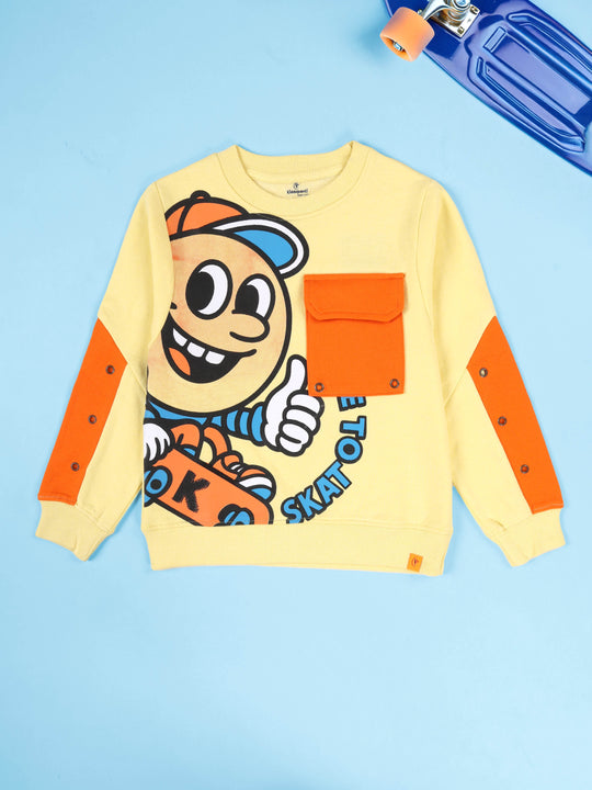 KiddoPanti Boys Cotton Fleece Graphic Printed Round Neck Full Sleeve Sweatshirt with Patch Pocket