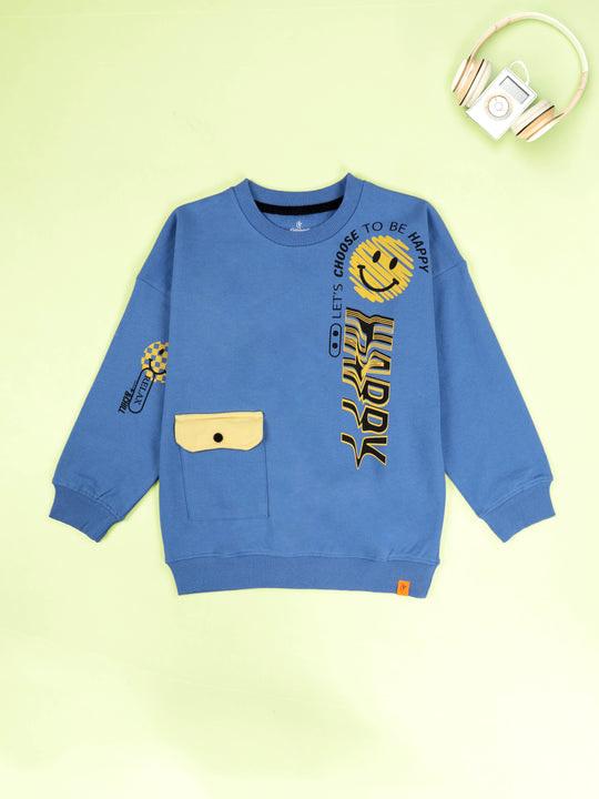 KiddoPanti Boys Cotton Fleece Graphic Printed Round Neck Full Sleeve Sweatshirt with Patch Pocket