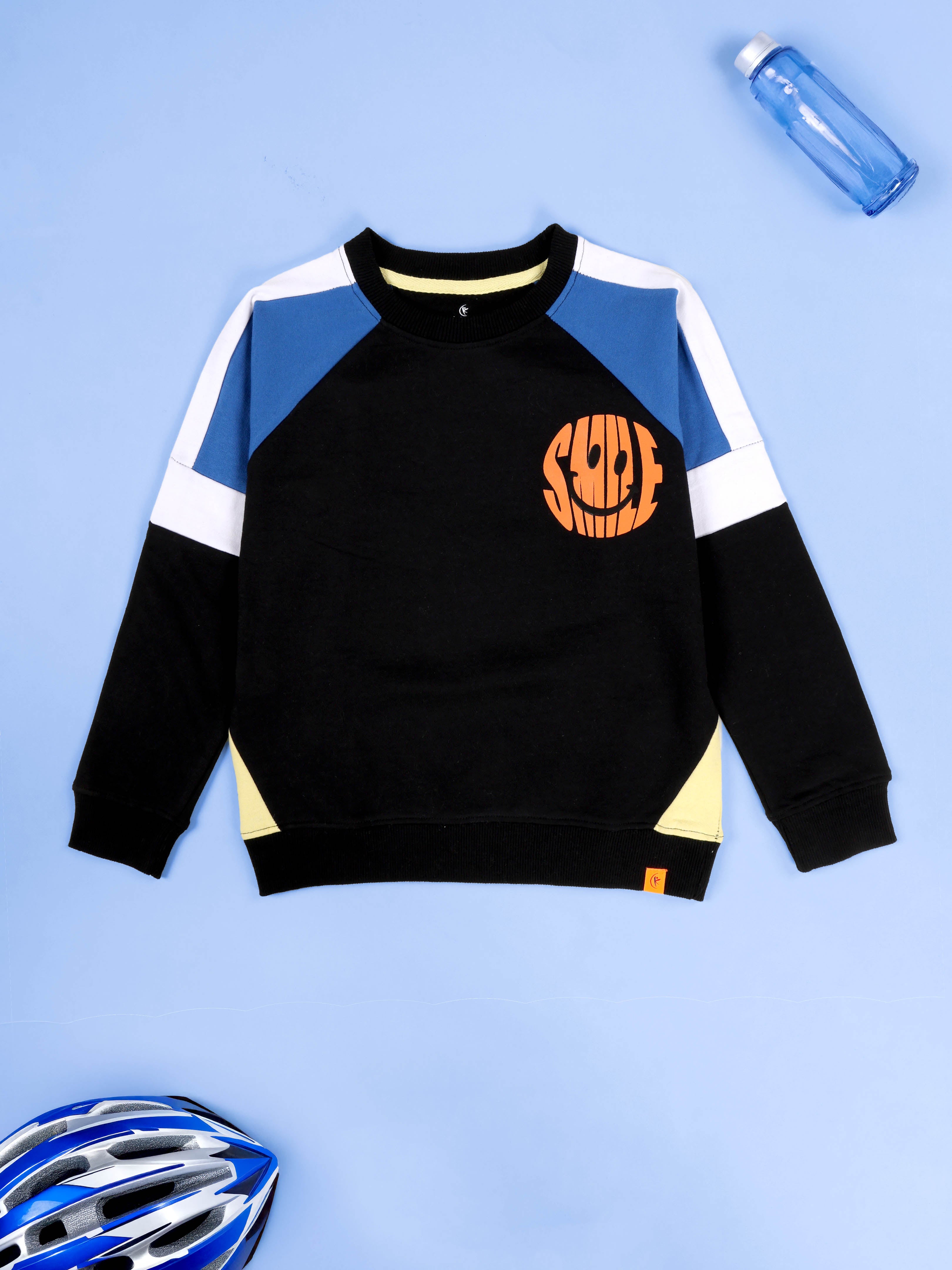 Boys Cut and Sew Smiley Print Round Neck Sweatshirt