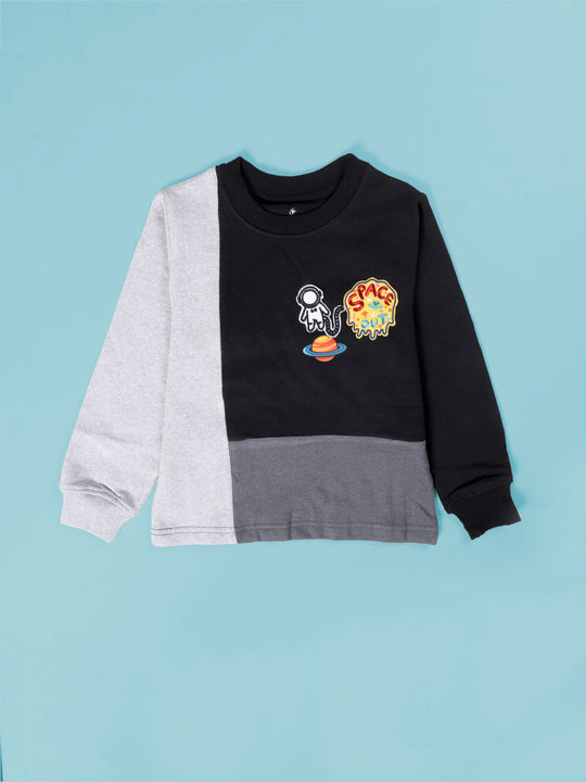 Kiddopanti Boys Cotton Fleece Full Sleeves Cut And Sew Space Themed Printed Sweatshirt With Badges