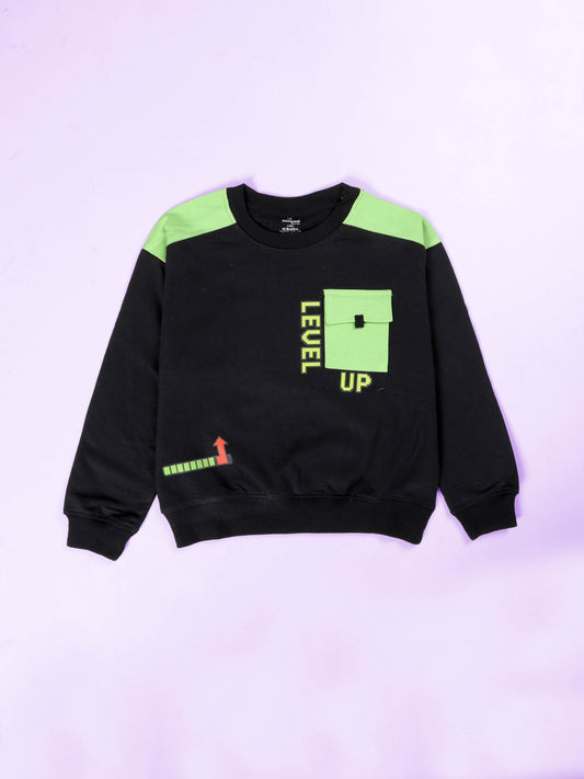 Boys Cotton Fleece Full Sleeves Drop Shoulder Printed Sweatshirts With Front Pocket