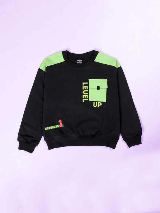 Boys Cotton Fleece Full Sleeves Drop Shoulder Printed Sweatshirts With Front Pocket