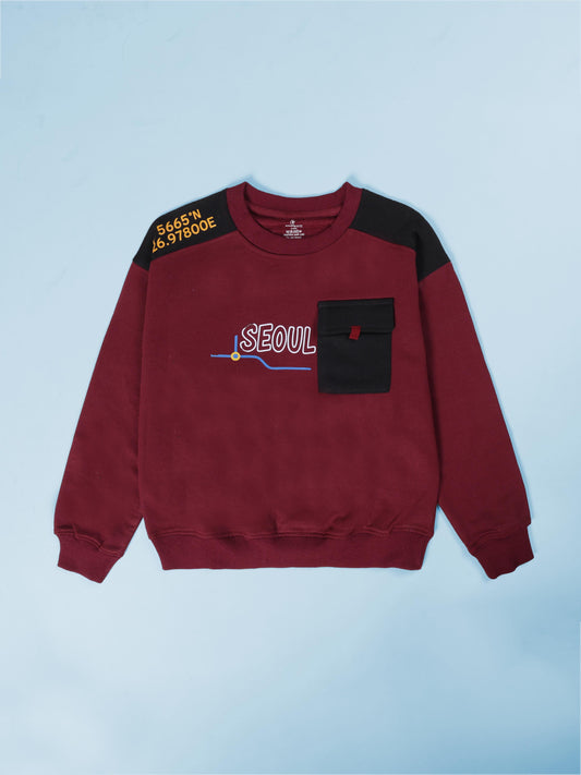 Boys Cotton Fleece Full Sleeves Drop Shoulder Printed Sweatshirts With Front Pocket