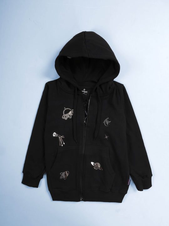 Kiddopanti Boys Fleece Graphic Printed Front Open Hooded Sweatshirt