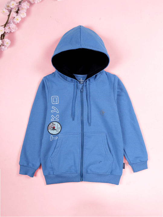 Kiddopanti Boys Printed Full Sleeve Zip Front Open Hooded Fleece Sweatshirt With Badges