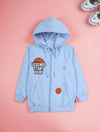 Kiddopanti Boys Printed Full Sleeve Zip Front Open Hooded Fleece Sweatshirt With Badges - Light Blue / 1-2Y