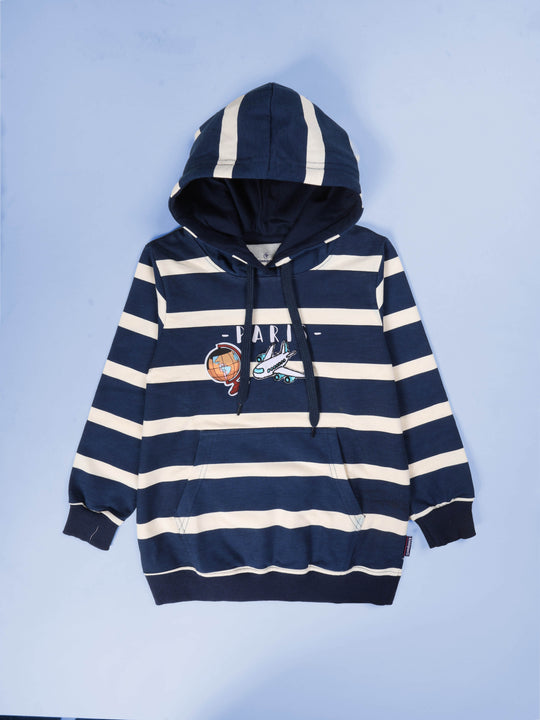 Boys Fleece Full Sleeve Striped Pull Over Hooded Sweatshirt With Travel Themed Badges and Prints