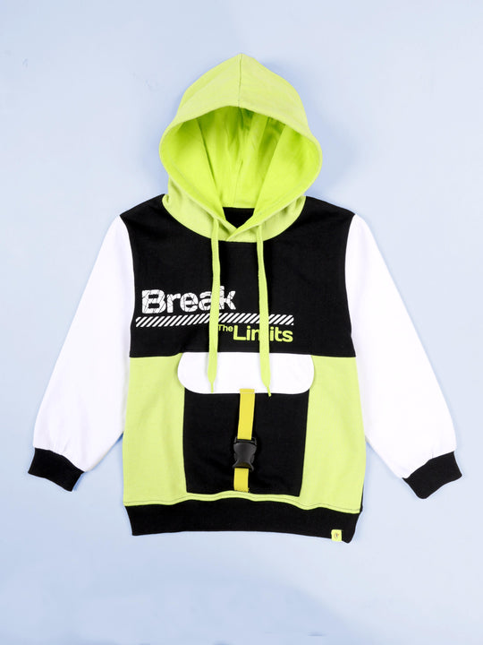 Kiddopanti Boys Fleece Printed Colorblock Hoodie with Buckle Pocket