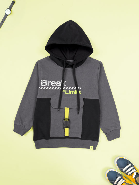 Kiddopanti Boys Fleece Printed Colorblock Hoodie with Buckle Pocket