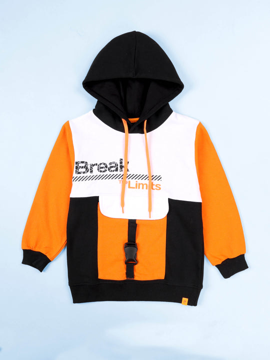 Kiddopanti Boys Fleece Printed Colorblock Hoodie with Buckle Pocket