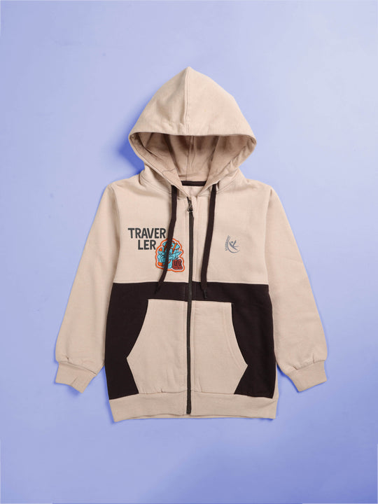 Kiddopanti Boys Cotton Fleece Full Sleeves Traveller Themed Printed Front Zip Open Cut And Sew Hooded Sweatshirt