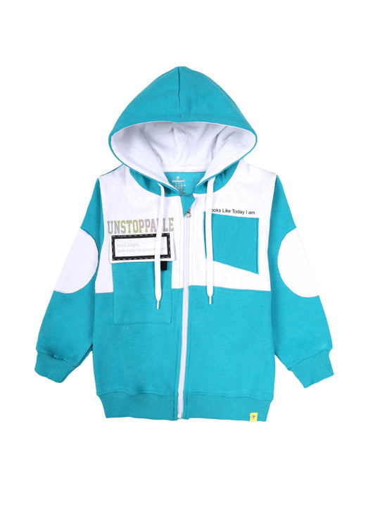 Kiddopanti Boys Fleece Unstoppable Printed Colour Block Zip-Up Hoodie With Pocket