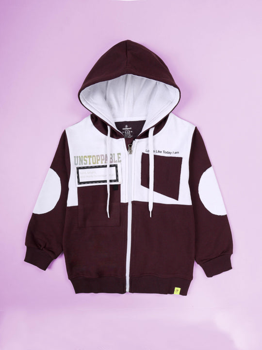 Kiddopanti Boys Fleece Unstoppable Printed Colour Block Zip-Up Hoodie With Pocket