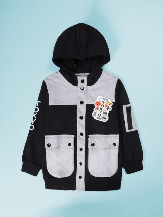 Boys Front Zip Open Bellow Cargo Pocket Hooded Sweatshirt With Themed Badges and Prints