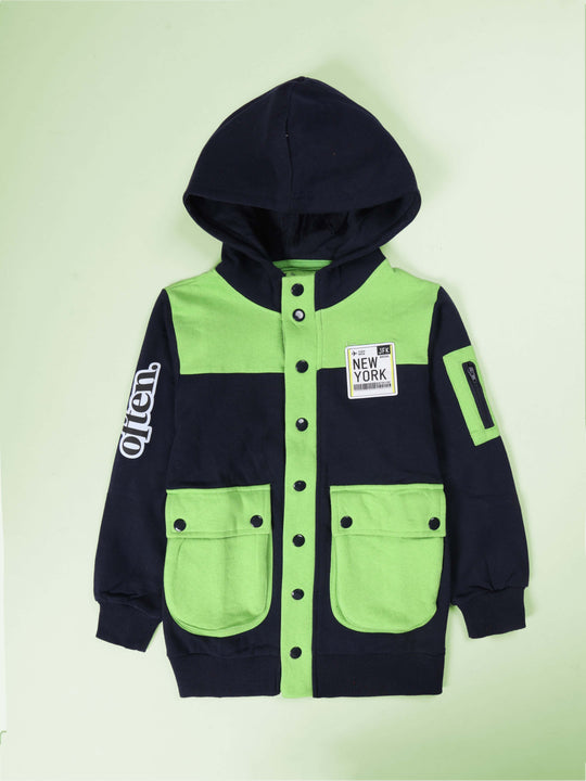 Boys Front Zip Open Bellow Cargo Pocket Hooded Sweatshirt With Themed Badges and Prints