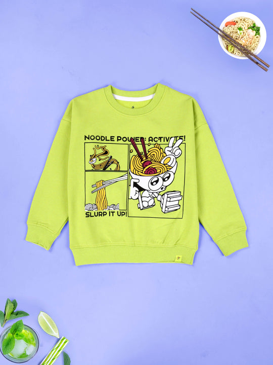 Kiddopanti Boys Noodle Power Ramen Bowl Print Round Neck Sweatshirt