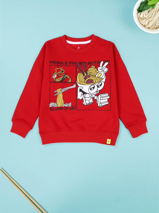 Kiddopanti Boys Noodle Power Ramen Bowl Print Round Neck Sweatshirt