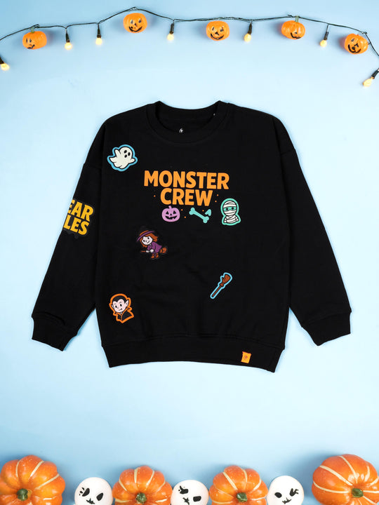 Kiddopanti Boys Solid Fleece Round Neck Sweatshirt with Halloween Themed Badges and Print