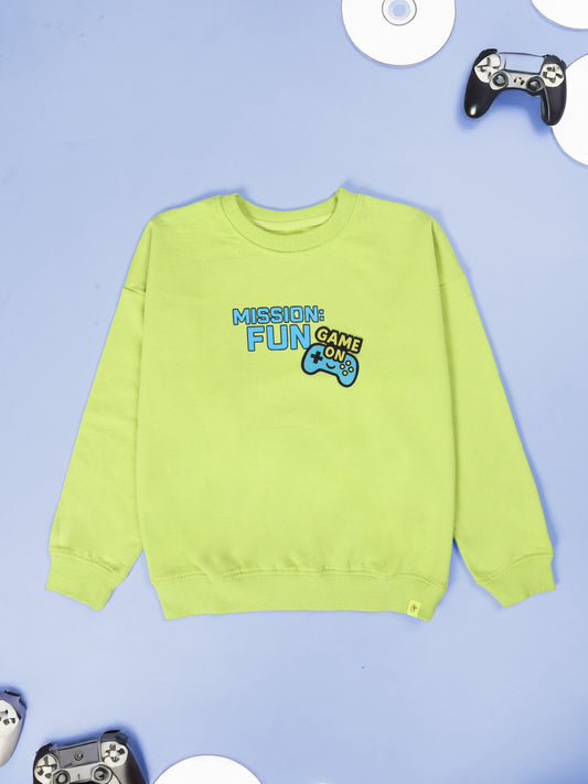 Boys Solid Fleece Round Neck Sweatshirt With Themed Prints and Badges