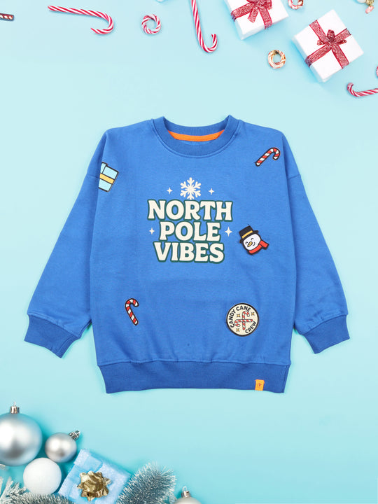 Kiddopanti Boys Cotton Fleece Full Sleeves Christmas Themed Printed And Badges Solid Sweatshirt