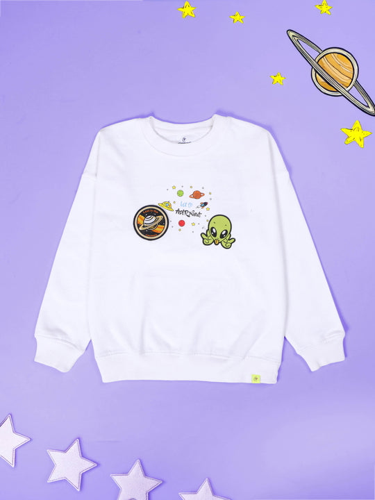 Boys Solid Fleece Round Neck Sweatshirt With Themed Prints and Badges