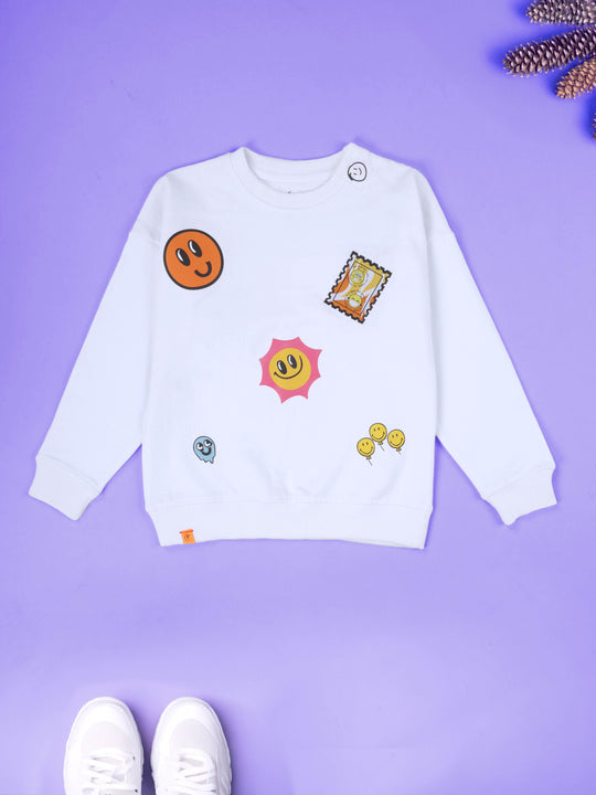 Boys Solid Fleece Round Neck Sweatshirt With Multiple Smiley Badges