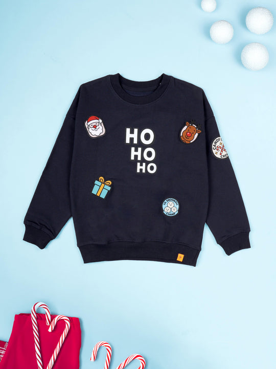 Kiddopanti Boys Solid Fleece Round Neck Sweatshirt with Halloween Themed Badges and Print