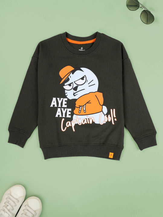 Kiddopanti Boys Captain Cool Funny Cartoon Print Round Neck Sweatshirt