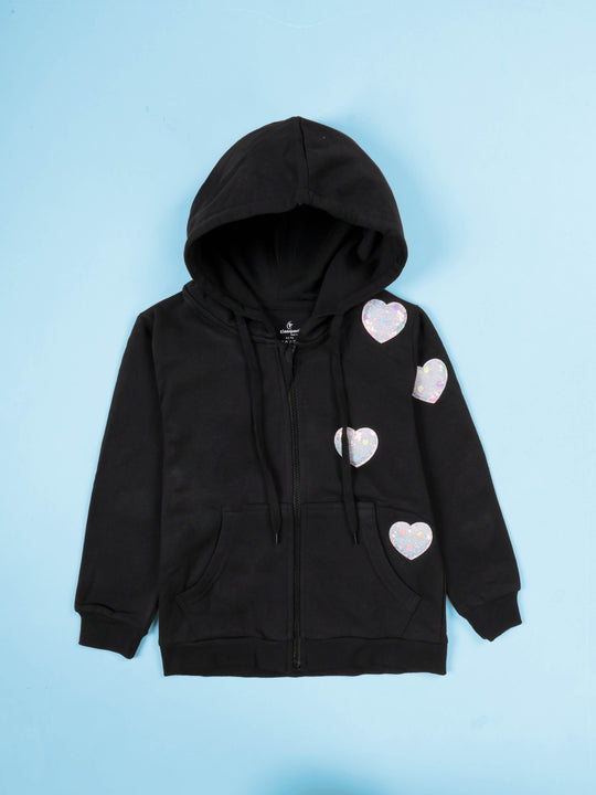 Kiddopanti Girls Fleece Front open Hooded Sweatshirt With Sequence Heart Appliques