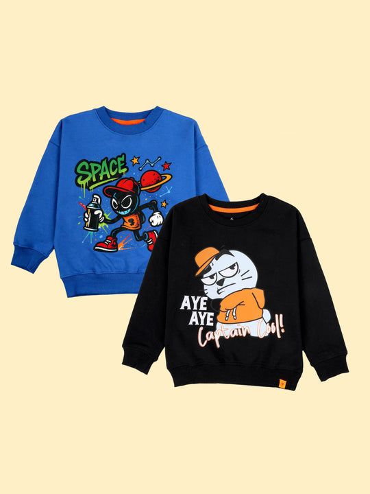 Kiddopanti Boys Fleece Graphic Printed Round Neck Sweatshirt Pack of 2