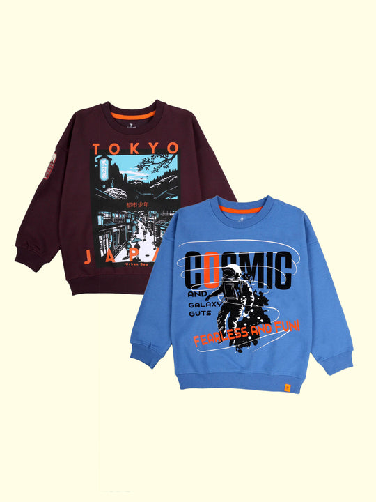 Kiddopanti Boys Fleece Graphic Printed Round Neck Sweatshirt Pack of 2