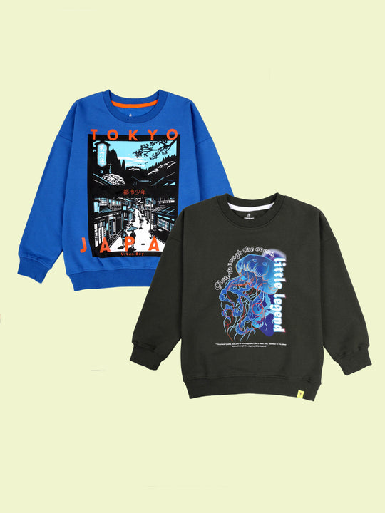 Kiddopanti Boys Fleece Graphic Printed Round Neck Sweatshirt Pack of 2
