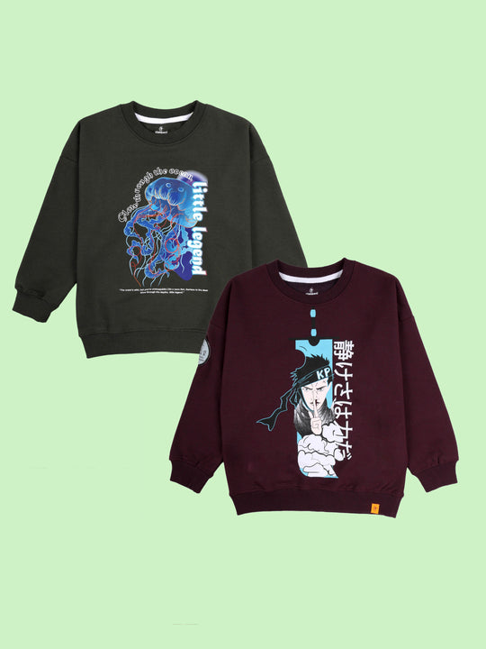 Kiddopanti Boys Fleece Graphic Printed Round Neck Sweatshirt Pack of 2