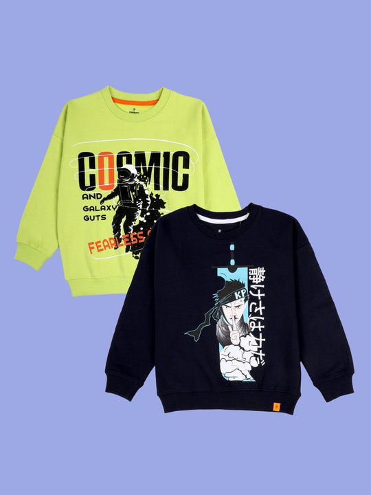Kiddopanti Boys Fleece Graphic Printed Round Neck Sweatshirt Pack of 2