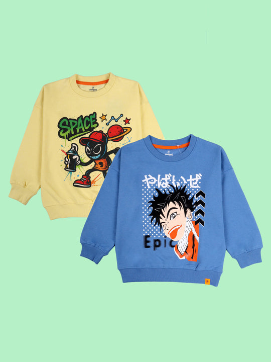 Kiddopanti Boys Fleece Graphic Printed Round Neck Sweatshirt Pack of 2