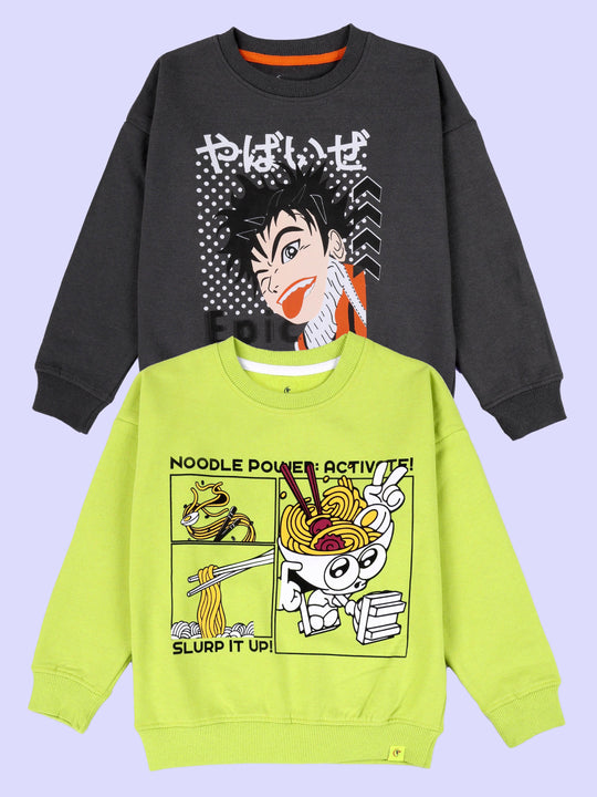 KiddoPanti Boys Cotton Fleece Printed Round Neck Full Sleeve Sweatshirt Pack of 2