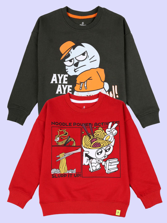 KiddoPanti Boys Cotton Fleece Printed Round Neck Full Sleeve Sweatshirt Pack of 2