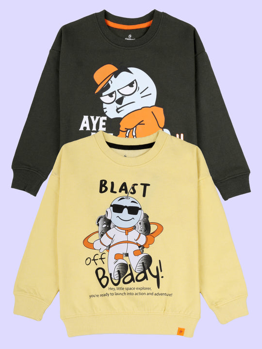 KiddoPanti Boys Cotton Fleece Printed Round Neck Full Sleeve Sweatshirt Pack of 2