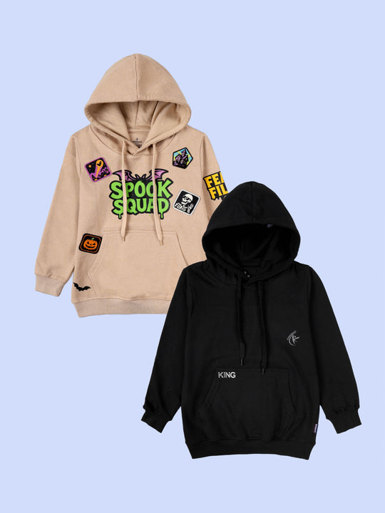 Kiddopanti Pack of 2 Cotton Fleece Knit Full Sleeve Spook Squad Halloween & Lion Printed Pullover Sweatshirt