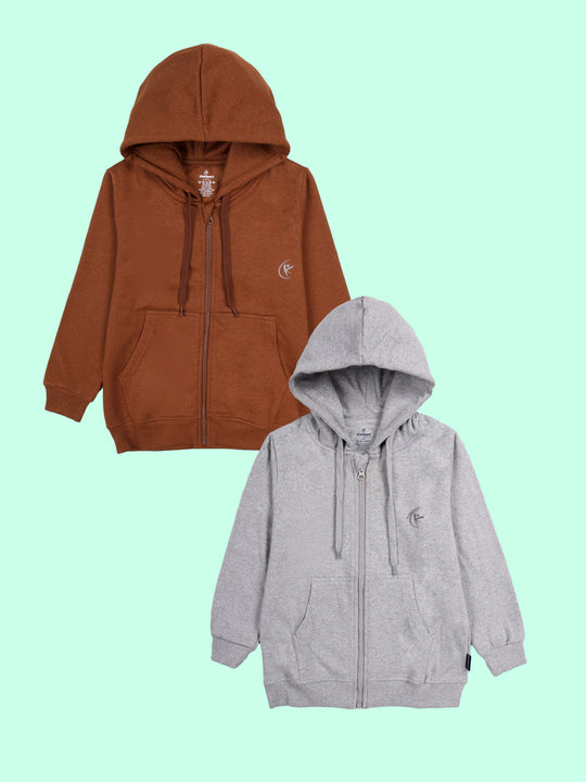 Kiddopanti Unisex Solid Full Sleeve Zip Front Open Hooded Sweatshirt Pack of 2