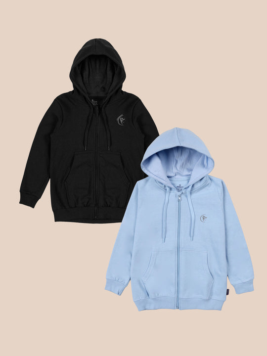Kiddopanti Unisex Solid Full Sleeve Zip Front Open Hooded Sweatshirt Pack of 2