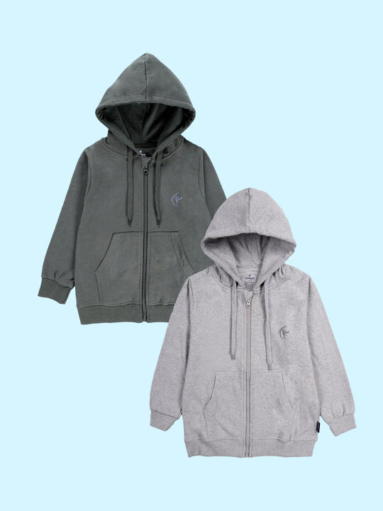 Kiddopanti Unisex Solid Full Sleeve Zip Front Open Hooded Sweatshirt Pack of 2