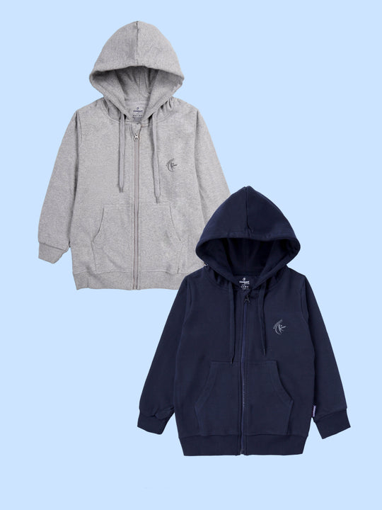 Kiddopanti Unisex Solid Full Sleeve Zip Front Open Hooded Sweatshirt Pack of 2