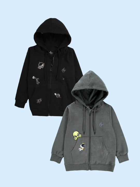 Kiddopanti Boys Fleece Graphic Printed Front Open Hooded Sweatshirt Pack of 2