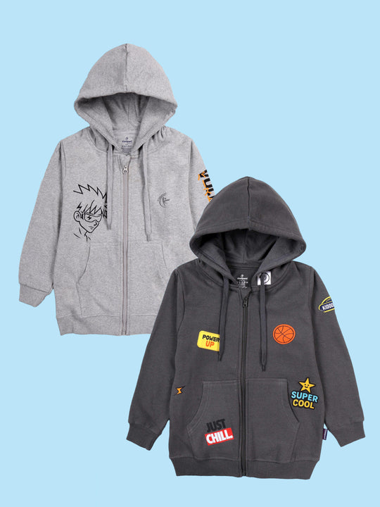 Kiddopanti Boys Fleece Graphic Printed Front Open Hooded Sweatshirt Pack of 2