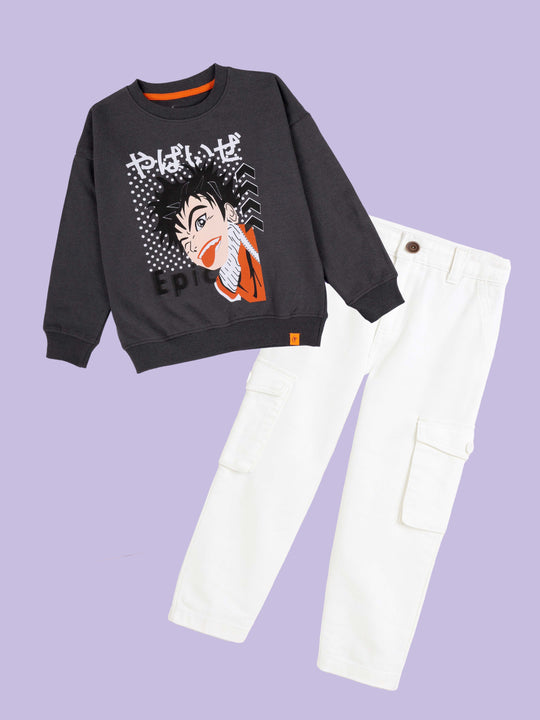 Kiddopanti Boys Fleece Printed Sweatshirt with Denim Straight Fit Cargo Pant Set