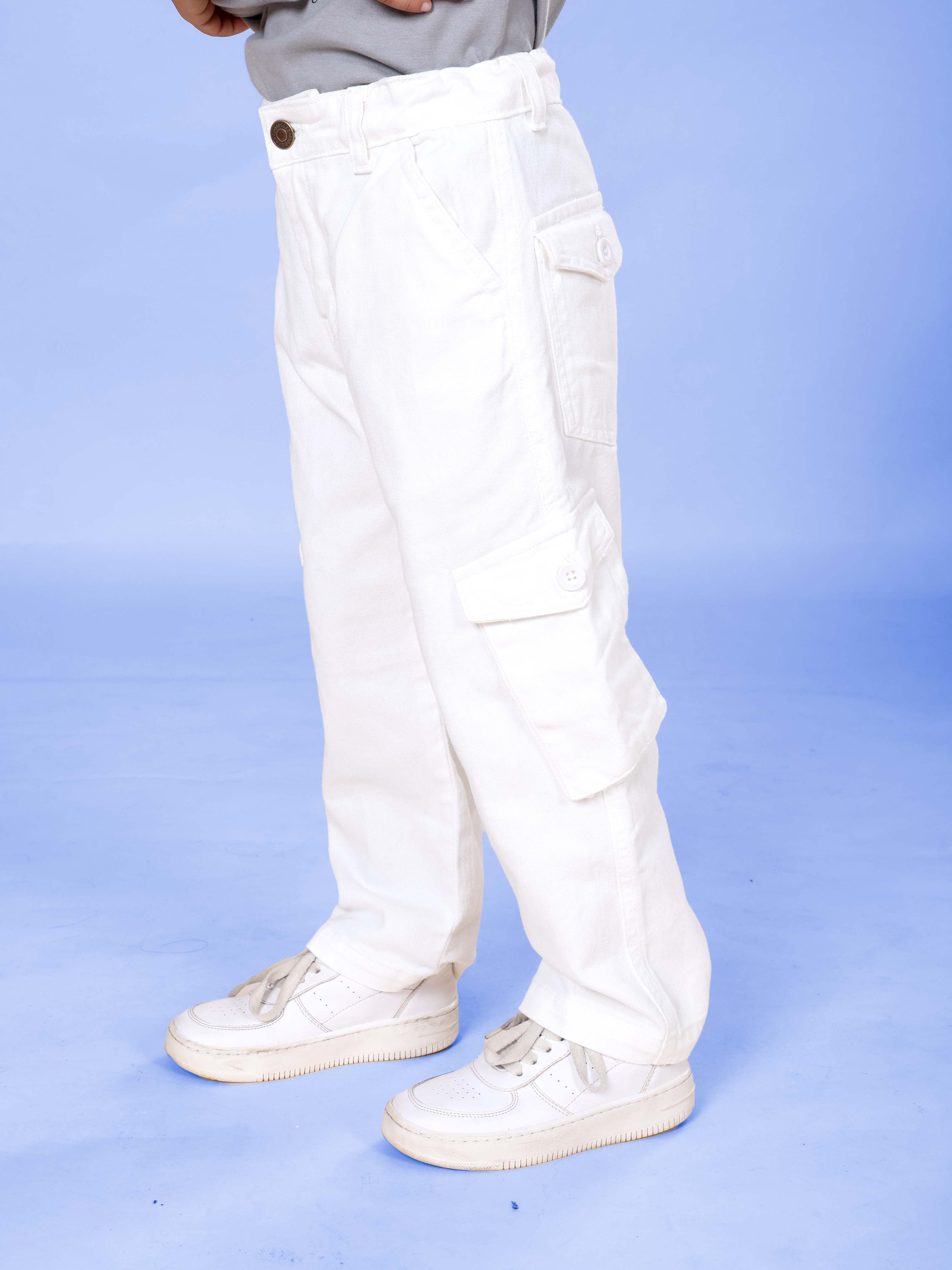 Kiddopanti Boys Fleece Printed Sweatshirt with Denim Straight Fit Cargo Pant Set