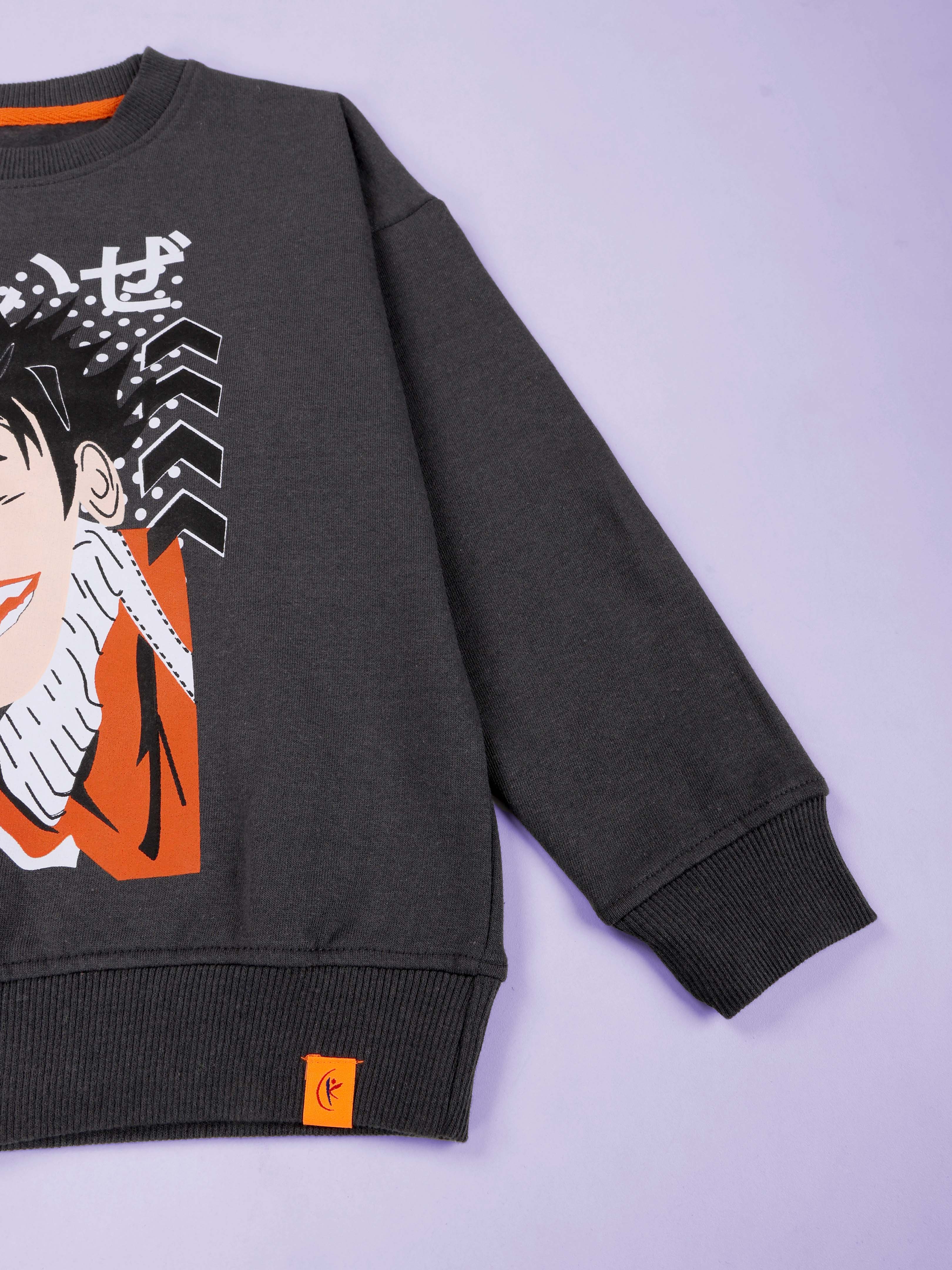 Kiddopanti Boys Fleece Printed Sweatshirt with Denim Straight Fit Cargo Pant Set